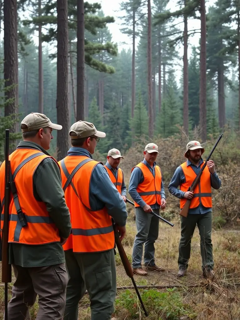 A photo of well-organized hunting activity with safety measures in place, set in a natural environment, illustrating structured hunting management.