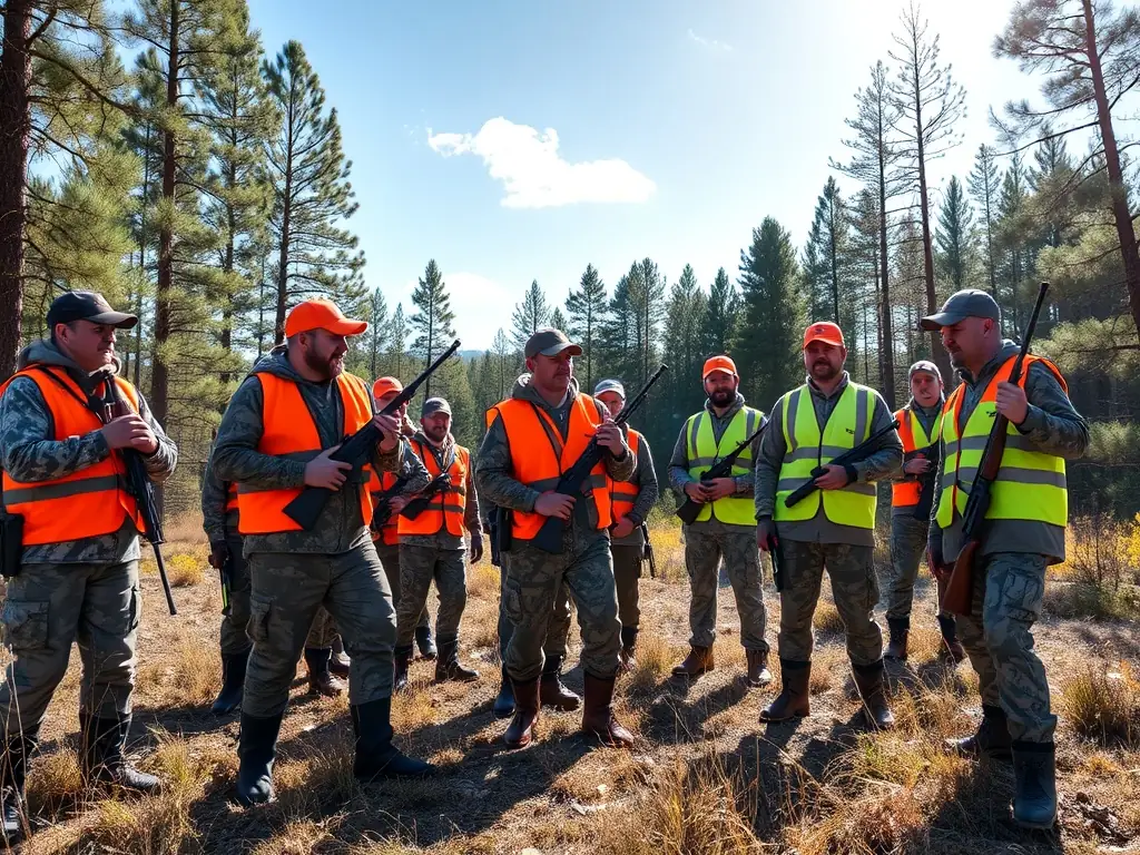 Hunters participating in a structured hunting event, supervised by ASSOCIATION COMMUNALE DE CHASSE AGREEE DE ST-PAUL-DE-SALERS, ensuring ecological balance and community safety.