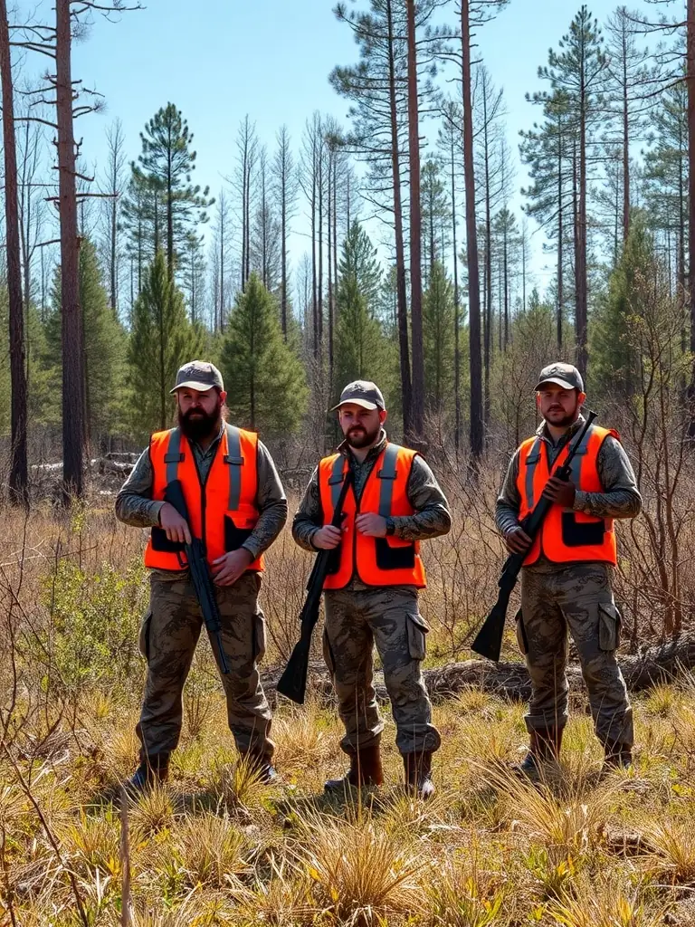 A photo of well-organized hunting activity with safety measures in place, set in a natural environment.