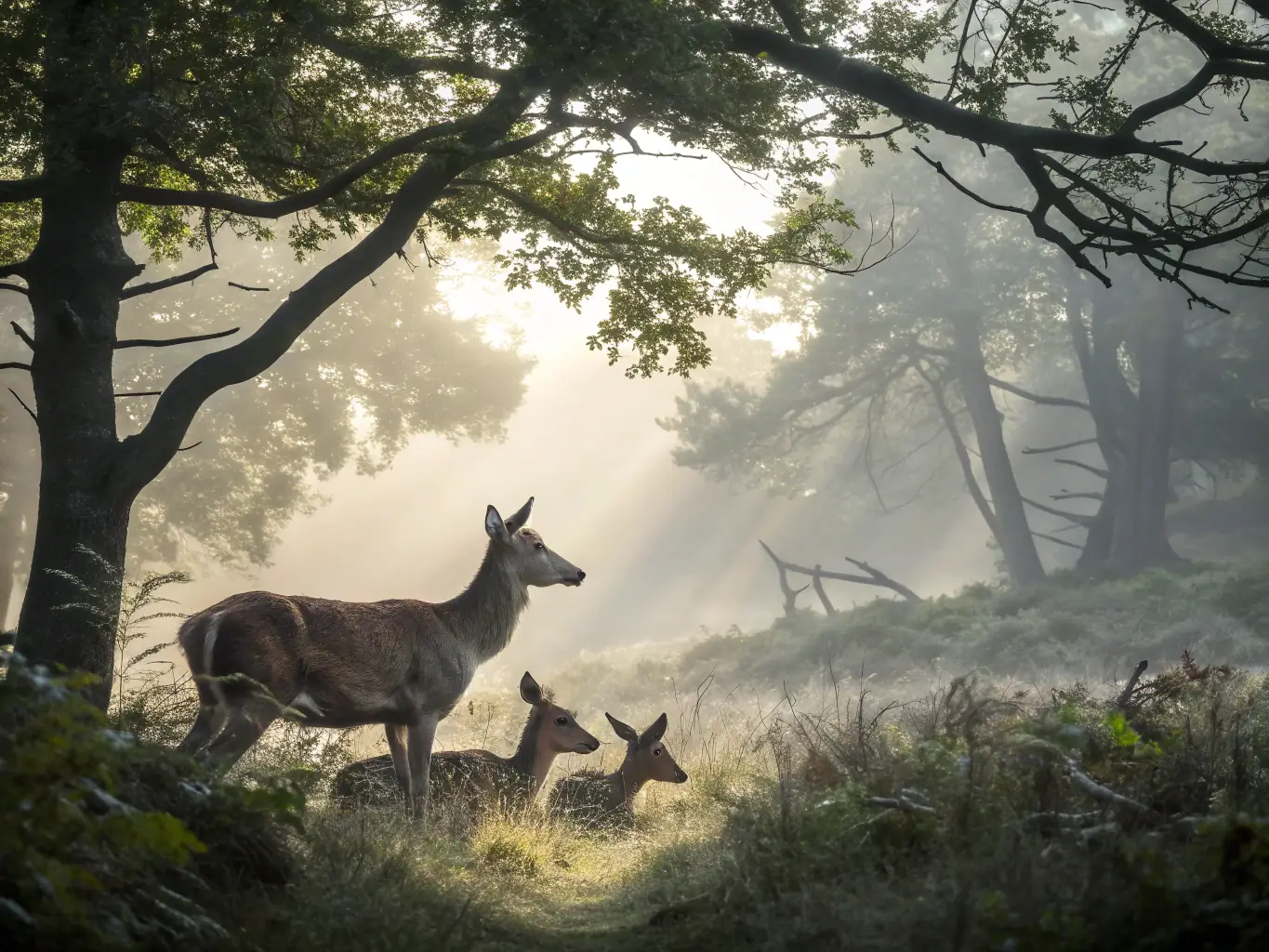 A lush forest scene with deer grazing peacefully, representing wildlife reproduction efforts by ASSOCIATION COMMUNALE DE CHASSE AGREEE DE ST-PAUL-DE-SALERS.