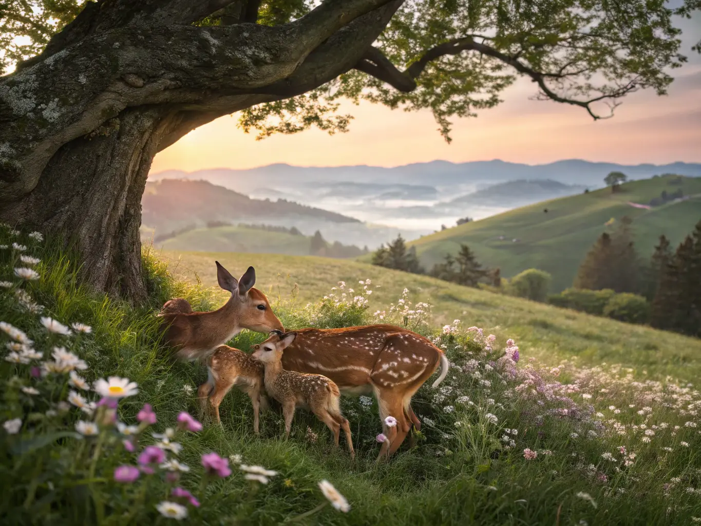 A serene landscape featuring a deer and its fawn in a protected natural habitat, symbolizing wildlife reproduction support.