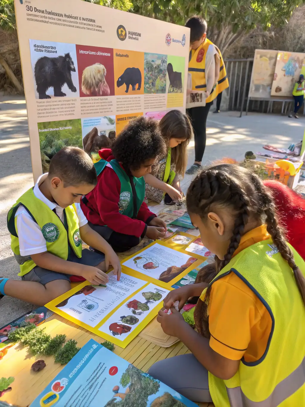 A photograph of a group of children participating in an educational workshop about wildlife conservation, with hands-on activities and informative displays. The image should convey a sense of learning and engagement.