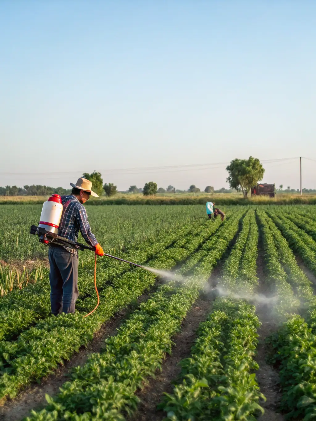 An image depicting eco-friendly pest control activities, such as natural pest deterrents or targeted interventions in agricultural fields.