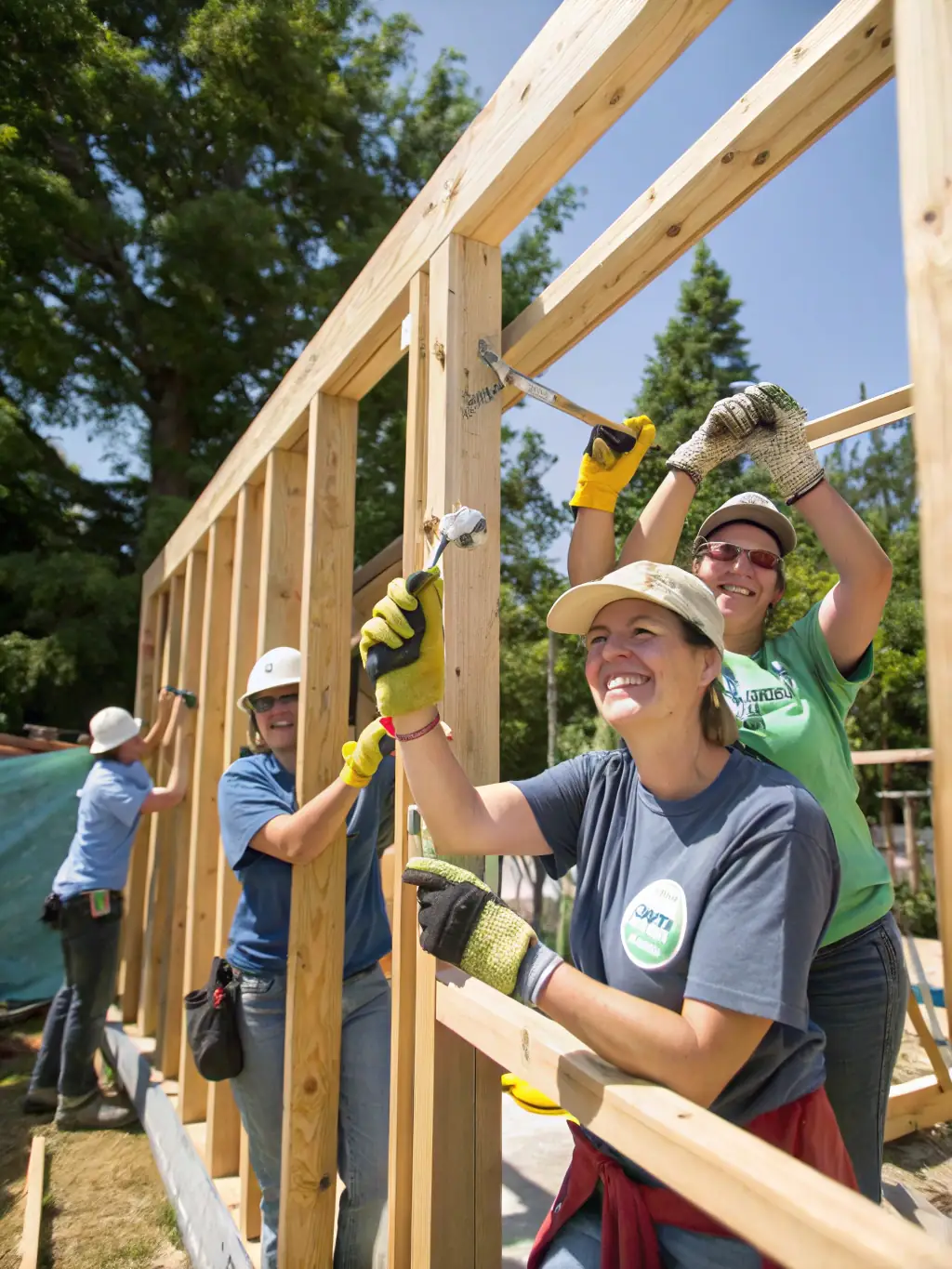 A photograph depicting a group of volunteers constructing a wildlife habitat, such as a birdhouse or a small animal shelter, in a natural setting. The image should convey a sense of community involvement and environmental stewardship.