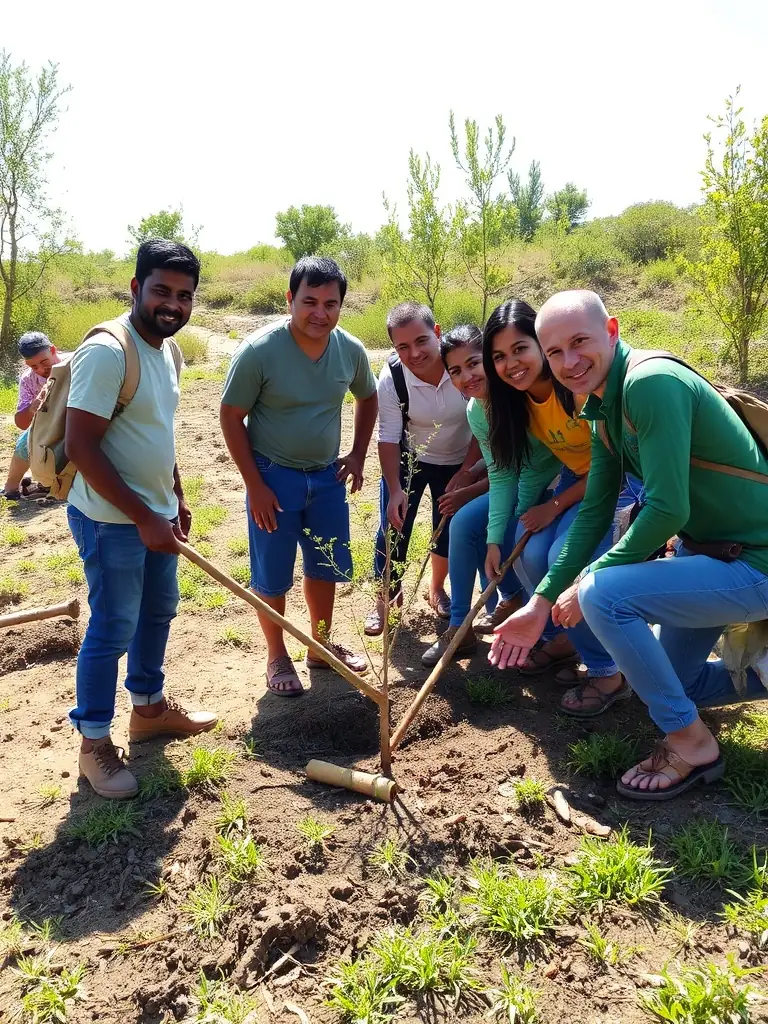 A diverse group of community members participating in a habitat restoration project, showcasing community engagement and environmental stewardship.